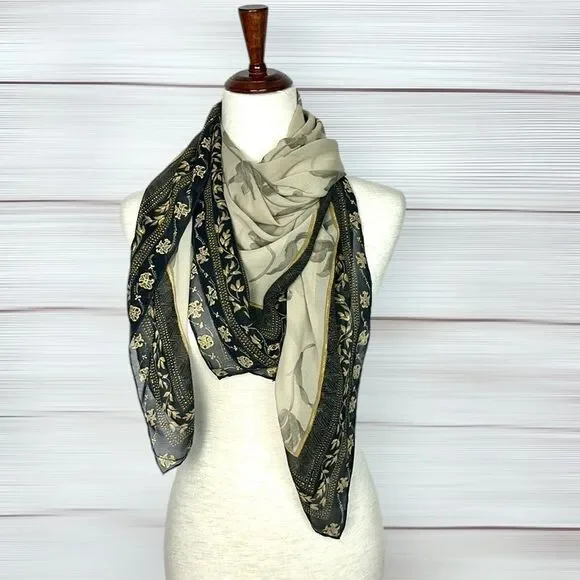 Silk Crepe Square Scarf Taupe Gray Floral Print Hand Rolled 41x41 inches - Picture 3 of 11